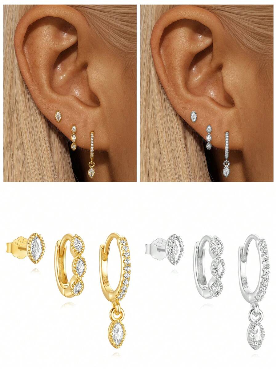 3pcs 925 Sterling Silver Classic Geometric Cubic Zirconia Stud Earrings Set, Exquisite Jewelry Suitable For Women's Daily, Party And Holiday Wear