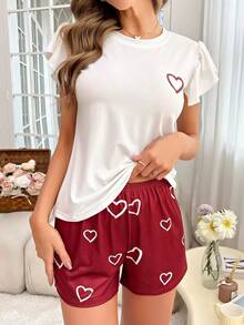 Women's Summer Heart Print Round Neck Short Sleeve Top And Shorts Casual Pajama Set, Minimalist Classic Fashion - Red and White - View 4