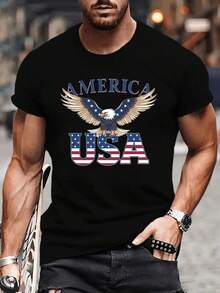 Camiseta de algodón con estampado de águila patriótica y bandera de EE. UU. para hombres - Cuello redondo premium, manga corta, ropa de calle, camiseta casual de verano transpirable, lavable a máquina, ajuste regular, ropa de estilo urbano, camiseta gráfica llamativa, tela duradera, camiseta cómoda - Negro - Ver 2