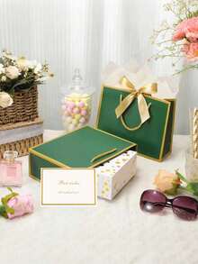 5个优雅的绿金配色礼品袋，配金色蝴蝶结 - 可折叠压缩纸质购物袋，配有结实的金色丝带蝴蝶结和金色包边，可压缩设计，适用于婚礼、生日、洗礼等场合。 - 綠色 - 查看 6
