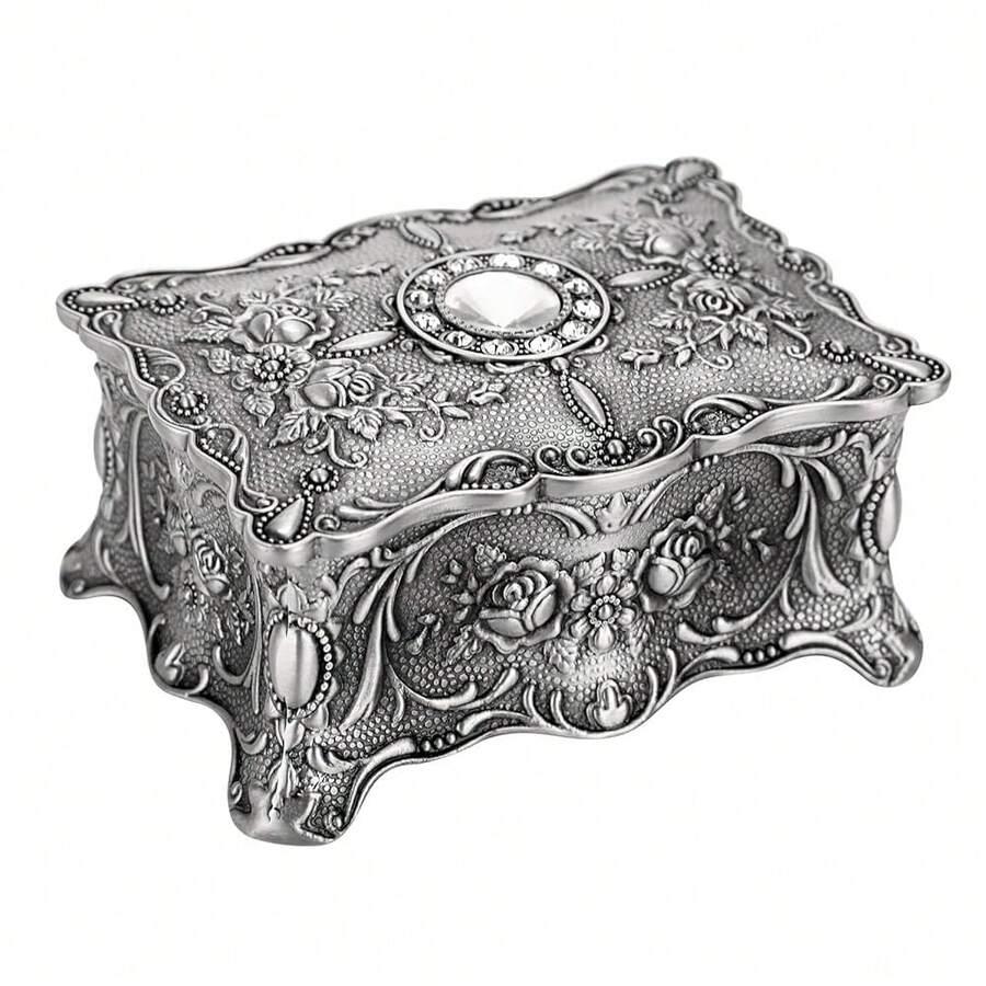 Hipiwe Vintage Jewelry Box, Small Enameled Trinket Box Organizer Rectangular Treasure Chest Box Jewelry Decorative Box Keepsake Gift Box Case For Women,3.7x 2.7x 2 Inch,Small,MetallicGrey - MetallicGrey - View 1