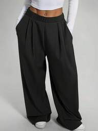 1pc Women Plus Size Solid Color Wide Leg Pants, Versatile Fashion Casual Wear For Daily And Commute