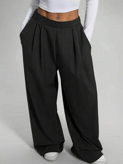 1 st kvinnor plusstorlek enfärgade vida benbyxor, mångsidiga modekläder för vardag och pendling