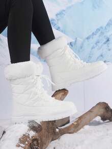 女士系带高帮靴，保暖雪地靴，中筒冬季鞋，户外休闲运动靴 - 白色 - 查看 5