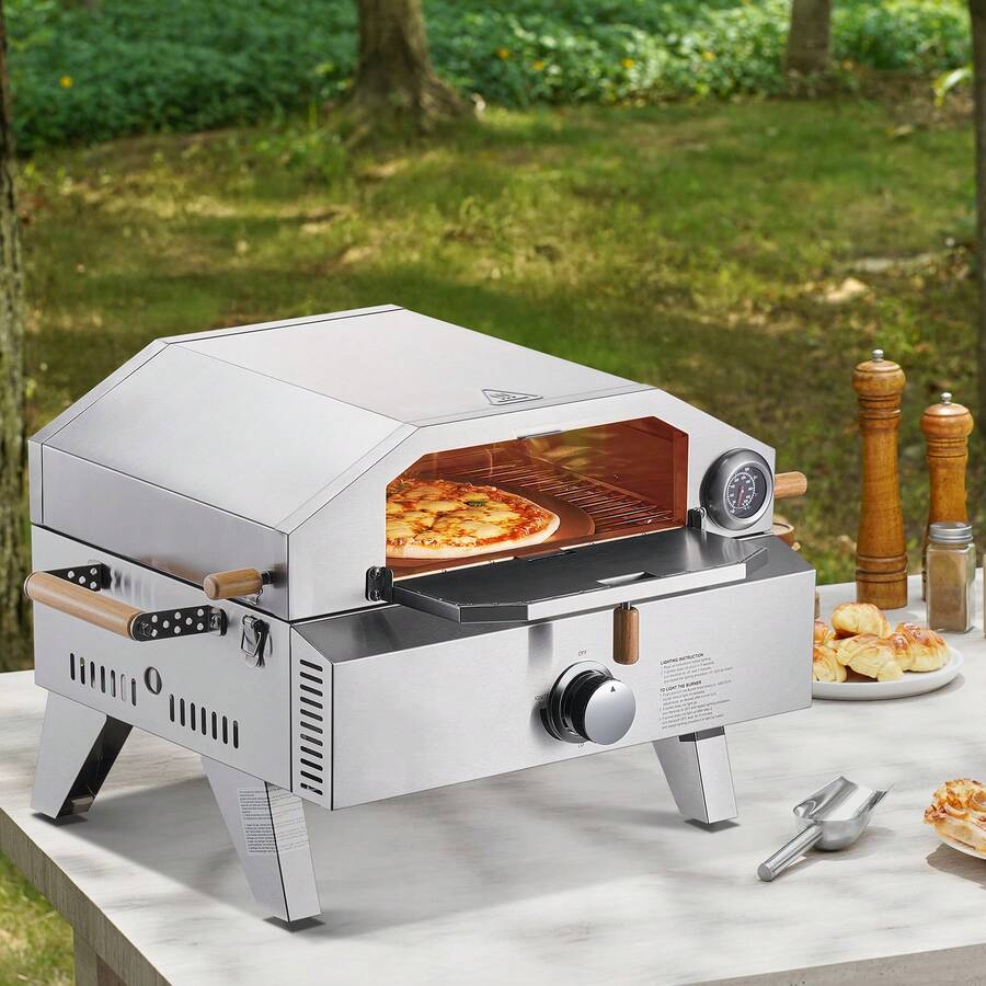 Horno de pizza para exteriores , horno de gas portátil de 33 cm con piedra de cordierita gruesa y termómetro integrado. Dos modos para pizza o parrilla. Ideal para camping y jardín. - Plateado - Ver 1