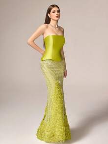 VIPGIRL Đầm dạ hội cúp ngực màu xanh lá chanh sang trọng, thanh lịch - Thiết kế đuôi cá với lưới đính sequin tương phản, viền bèo nhún bằng vải dệt, kiểu dáng ôm sát không tay | Thích hợp cho các bữa tối trang trọng, sự kiện thảm đỏ, dạ hội tốt nghiệp, tiệc cưới và nhiều dịp khác. - màu xanh lá - Xem 8