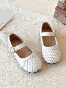 Girls' White Grid Rhinestone Mary Jane Flats, Adjustable Buckle Soft Sole Princess Party Shoes - White - View 2