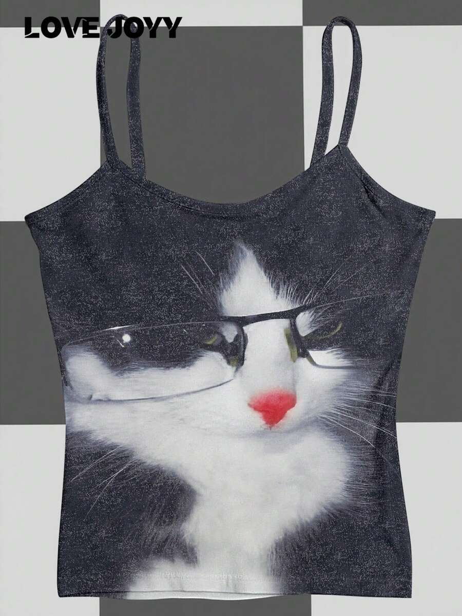 LOVY JOYY Cat Wearing Glasses Print Camisole Top, Women's Academic Aesthetic Style Shirt, Suitable For Daily Wear - Black - View 1