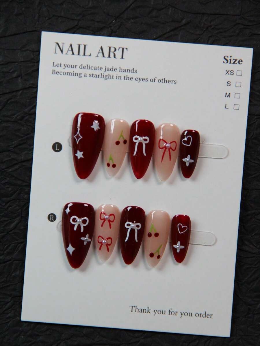 10 Peças Adesivos de Unhas em Formato de Amêndoa Feitos à Mão com Desenhos de Cereja, Estrela de Cinco Pontas, Flor de Cerejeira, Laço, Decoração Bonita para Festas, Casamentos, Uso Diário, Inclui Ferramentas de Manicure, Ótimo Presente para Mulheres e Meninas