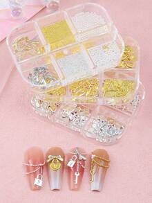 6件套金属钥匙锁美甲装饰品，Y2K美学金属美甲吊坠，钢珠和白色珍珠美甲宝石，美甲用品，美甲配件 - 彩色 - 查看 4