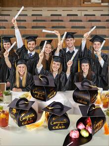 15pcs/Set Graduation Cap Gift Box, 2025 Graduation Decor, 2025 Tassel Candy Box, 2025 Graduation Party Supplies (Black, Gold) - Black and Gold With Yellow Tassels - View 9