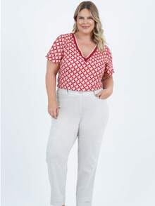 Women's Plus Size Short Sleeve Graphic Blouse - 酒紅色 - 查看 5