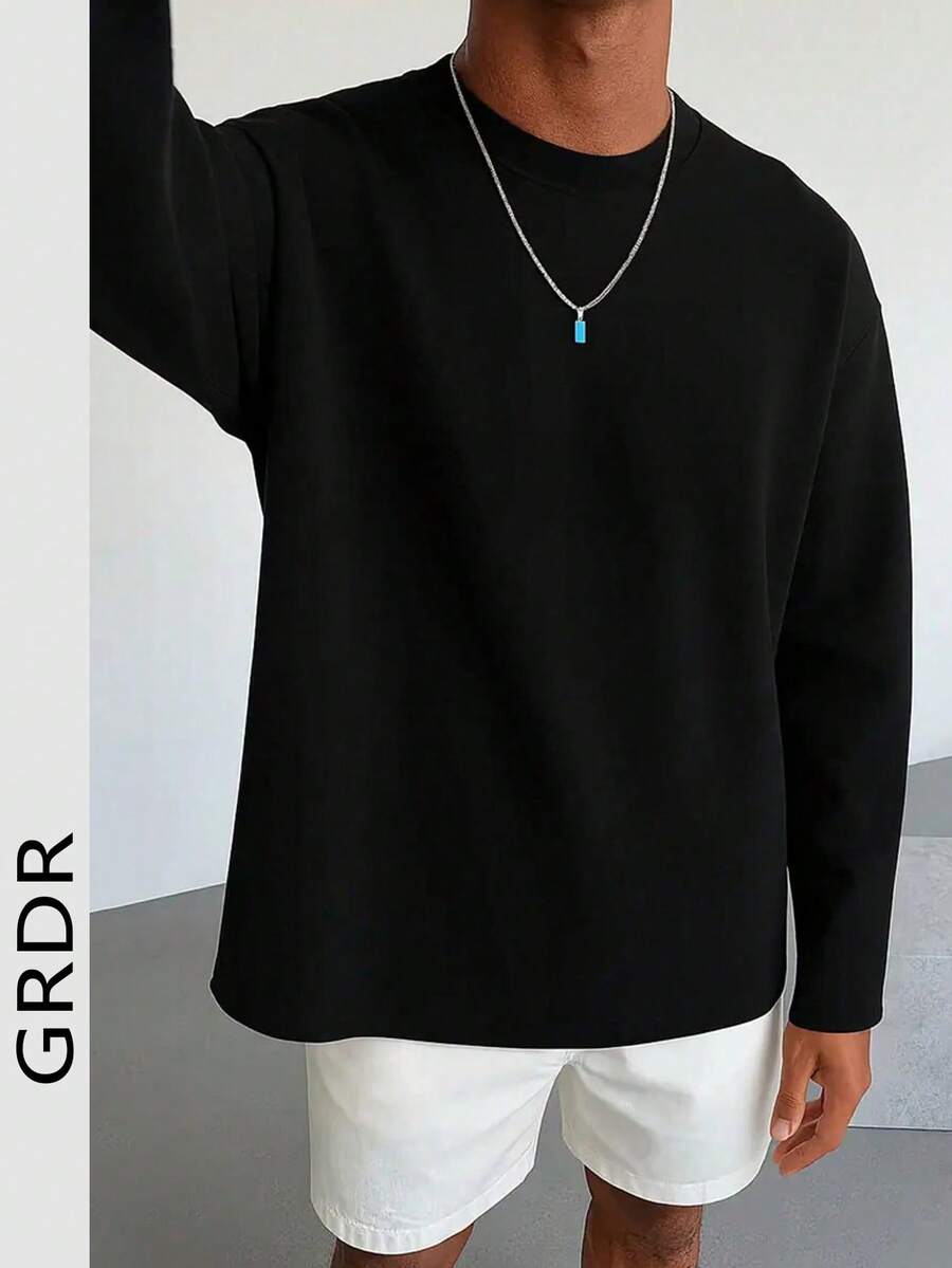 GRDR 男士秋冬新款简约圆领长袖T恤 - 黑色 - 查看 1