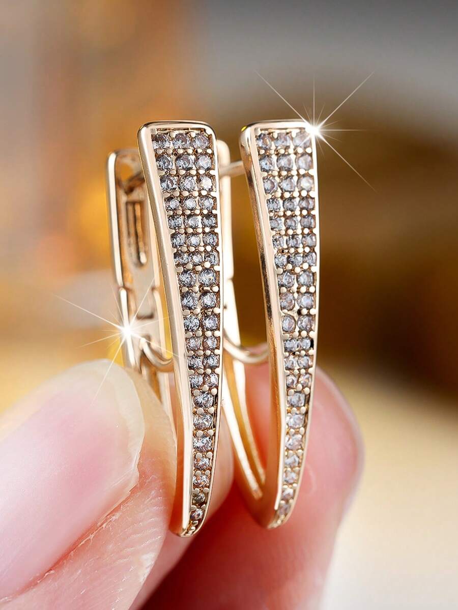 1 Đôi bông tai nữ mạ vàng hình chữ V đính đá Cubic Zirconia trắng sáng - Quà tặng sang trọng cho ngày lễ tình nhân, thích hợp cho tiệc tùng, đeo hàng ngày và làm quà tặng, phù hợp cho mọi mùa - vàng - Xem 1