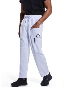 cimmuovere Pantalones cargo de corte slim para hombres, con cierre de cremallera, 5 bolsillos, cintura elástica, tejido elástico, fácil cuidado, uniforme para hombres/uniforme médico - Blanco - Ver 4