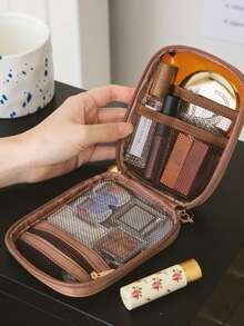 1pc PU Leather Small Capacity Makeup Bag, Compact & Convenient, Data Pouch, Coin Purse, Lipstick Case, Inner Net Pocket, Clutch Bag, Women Cosmetic Bag, Men Toiletry Bag, Storage Bag, Home Makeup Bag, Space-Saving, Dorm Makeup Bag, Fashionable & Practical, Waterproof, Easy To Store Small Items - Multicolor - View 4