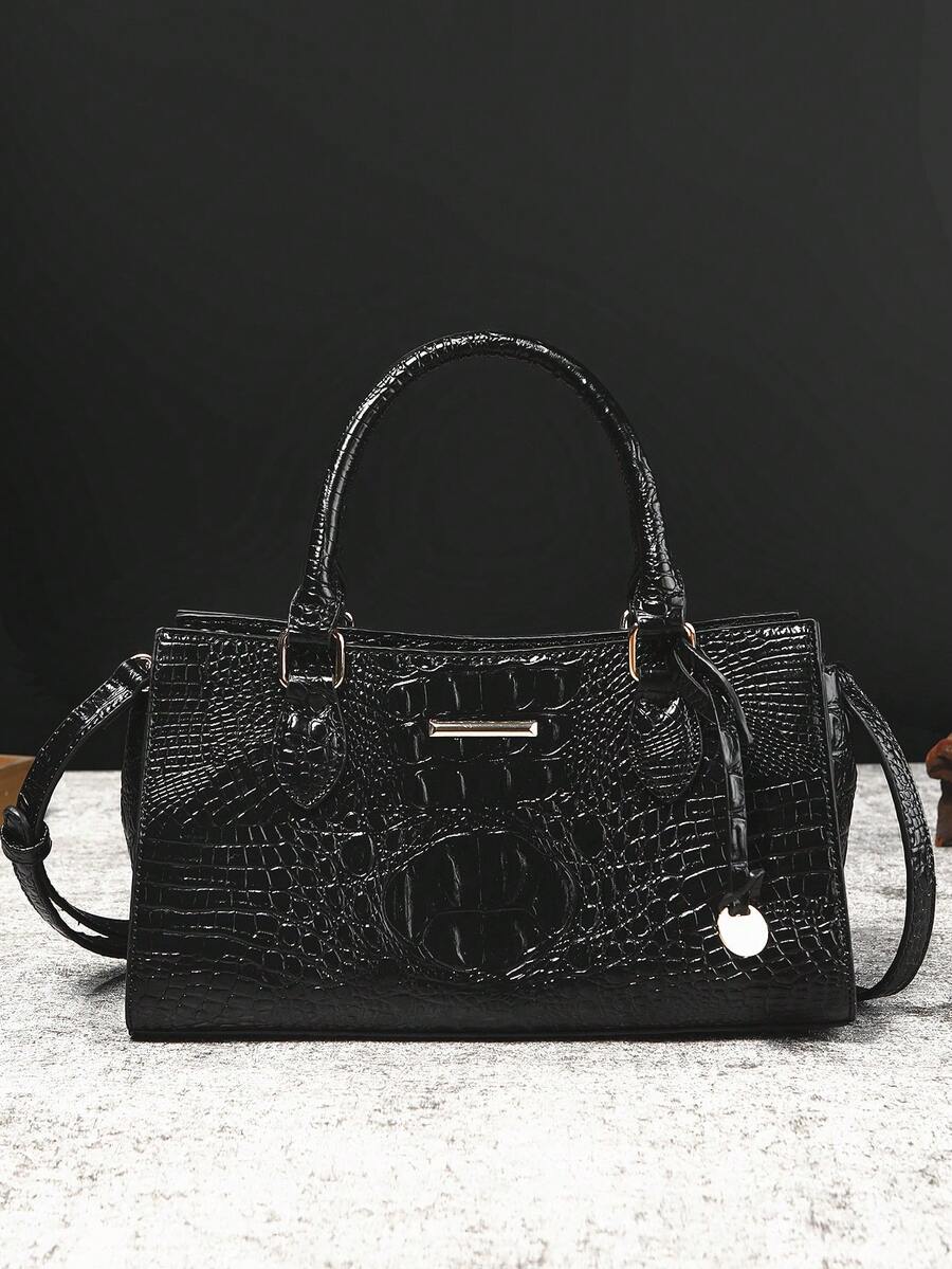 WOLFDIARY Elegant Crocodile-Embossed Handbag - Opulent Gradient Vintage Style - Spacious Women's Purse With Durable Top Handle - Ideal For Everyday Elegance And Professional Chic - 黑色 - 查看 1