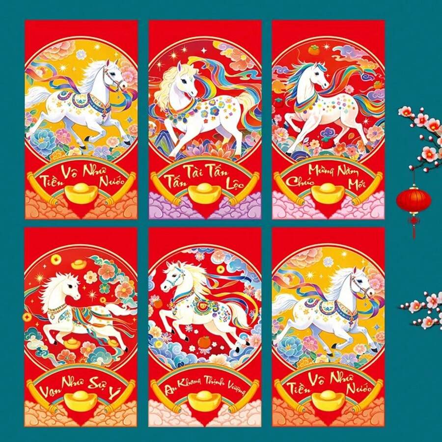 18pcs Red Envelopes - Traditional Decor With Vietnamese Text, Gold & Red Horse Patterns - Birthday, Holiday Party Decoration - Elegant Tabletop Centerpiece - Suitable For New Year, Wedding, Office Or Party Decor - Festive Cards And Ornaments - Multicolor - View 1