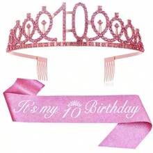 Set de 2 piezas: Corona de estrás con número 6, 7, 8, 9 o 10, cinta de peonía, flor de rosa, correa de hombro, cinturón de tela, accesorios de moda para el cabello. Regalo de fiesta de cumpleaños para niñas, color rosa - Oro rosa - Ver 6