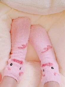 1 Pair Women's Pink Cute Plush Pig Design Warm Thermal Lined Short Socks, Autumn/Winter - Pink - View 4