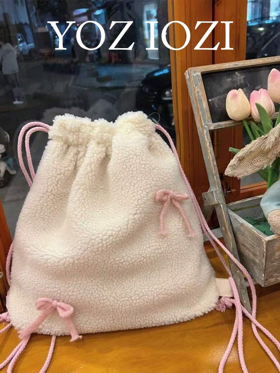 Back To School Niche Design Soft & Fluffy Drawstring Backpack, Sweet Milky White Healing Style, Convenient For Commuting, Outing, Daily Use, Large Capacity Bookbag, Autumn/Winter - Multicolor - View 1