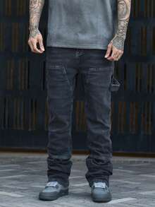 Devon Thys Men's Washed Solid Black & Grey Elastic Patchwork Straight Loose High Street Korean Style Y2K Denim Jeans - Grey - View 2