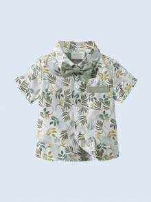 BOARNSEORL 2 件套年轻男孩绅士套装 - 短袖领衬衫配领结和吊带短裤，时尚休闲西装，适合生日派对、婚礼和正式场合 - 綠色 - 查看 5