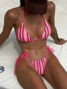 女士比基尼套装，泳衣，休闲蓝棕条纹系带露背比基尼两件式泳衣，高腰带垫泳衣，性感夏季沙滩装，沙滩度假服，女士夏季沙滩露背装，Y2K 坏女孩风格 - 中紫紅色 - 查看 1