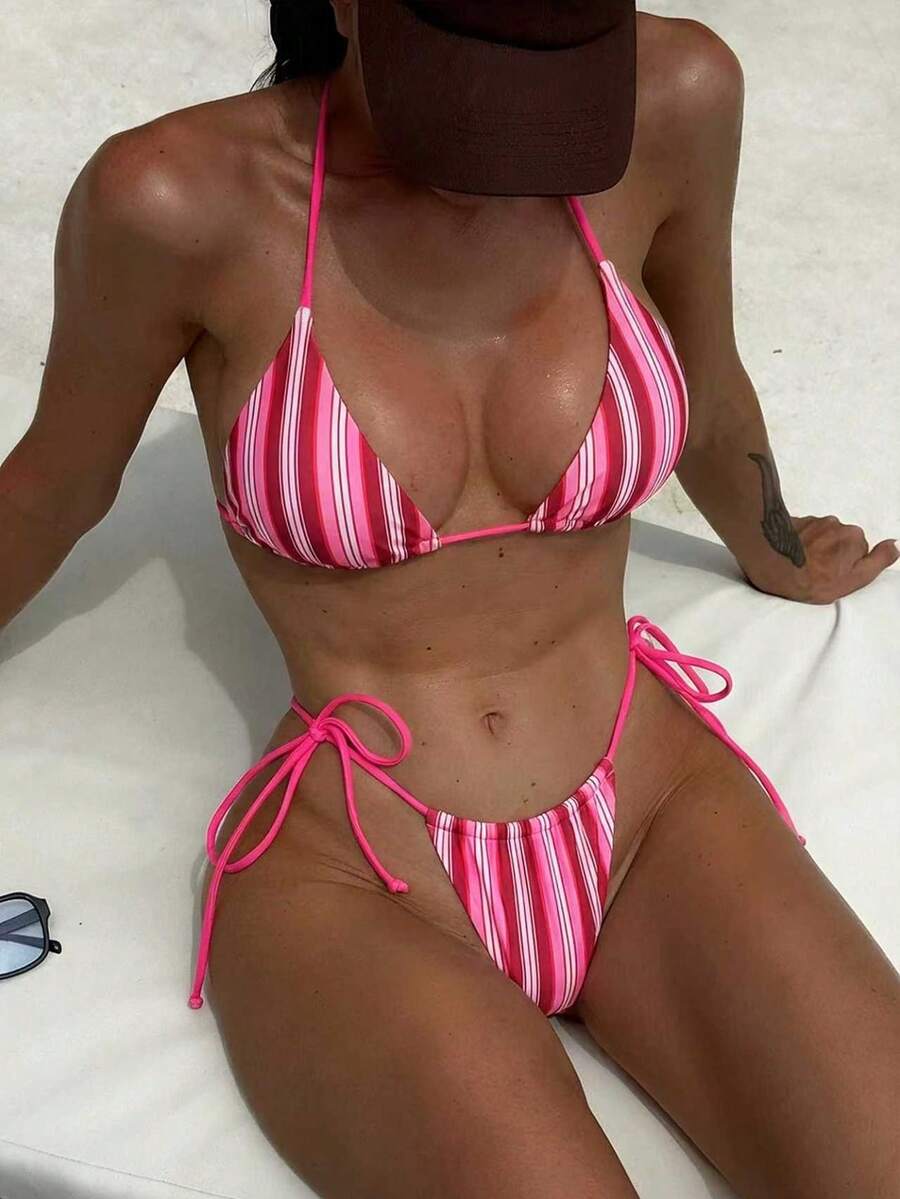 女士比基尼套装，泳衣，休闲蓝棕条纹系带露背比基尼两件式泳衣，高腰带垫泳衣，性感夏季沙滩装，沙滩度假服，女士夏季沙滩露背装，Y2K 坏女孩风格 - 中紫紅色 - 查看 1