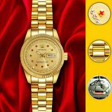1pc 26mm Women's Watch, Stainless Steel Case & Band, Gold Color, High-End Elegant Quartz Watch, Luxury Business Waterproof Wristwatch, Fashion Calendar Diamond-Studded Ladies Watch, Suitable For Daily Decoration, Holiday & Birthday Gift
