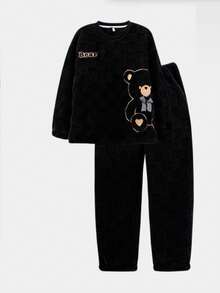 可爱条纹抓绒睡衣 - 泰迪熊图案舒适抓绒法兰绒加厚保暖睡衣套装 - 女士涤纶睡衣上衣和裤子，新年必备 - 长袖圆领青少年家居服两件套 - 彩色 - 查看 17