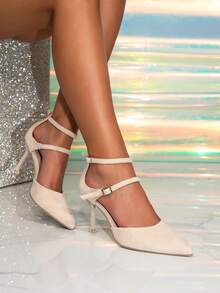 1 Pair Solid Color Pointed Toe Hollow Out High Heel Pumps, Suitable For Commuting And All Seasons - Apricot - View 3