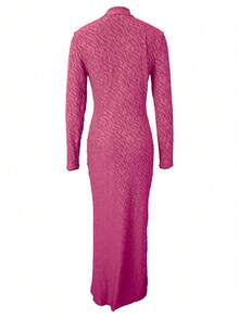 Stretchy Round Neck Long Sleeve Velvet Bodycon Sexy Dress, Suitable For Autumn, Christmas, Winter Party, Green - Màu Hồng Tươi - Xem 4