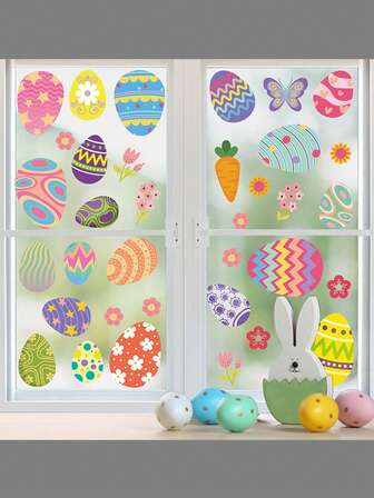 2Sheets -Easter Window Clings For Glass Window Decorations - Colorful Easter Eggs Window Stickers, Easter Decorations, Reusable Flowers Double-Sided Decals For Spring, Decals Decorations Spring Party Supplies Gifts For Home Office Shop , Home Decor