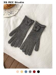 Găng tay đan thủ công đính hoa hồng, lông thỏ mềm mại, ấm áp và đa năng cho mùa thu/đông, thân thiện với màn hình cảm ứng, thiết kế hoa tinh tế, găng tay đan dài không ngón dành cho nữ - Thêu hoa với các cạnh cuộn - Xem 13