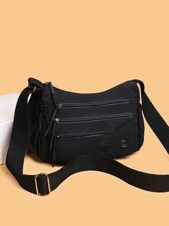 Bolso de hombro de tela de nailon casual con correa ajustable, multicompartimento, unicolor, cierre con cremallera, forro de poliéster, bolso cruzado ligero y conveniente para uso diario