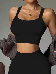 Women Seamless High-Elastic High-Support Sports Bra, Cross-Strap Solid Color Yoga Bra, Soft Comfortable Fitness Tops - 黑色 - 查看 4