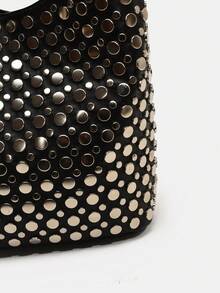 2024新款软皮手提包，小丑图案，简约单肩包，铆钉装饰，大容量女士手提包，方便购物、商务、休闲出行，光泽亮丽，豹纹印花 - 黑色 - 查看 4