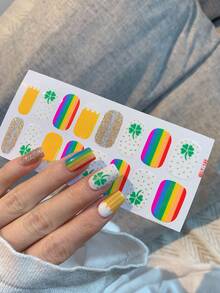 1片装新款圣帕特里克节美甲贴纸，自粘式全覆盖设计，全甲贴片，防水可移除美甲贴，女士美甲，女士自粘美甲贴纸，易于使用，适合节日、派对、生日礼物美甲 - 彩色 - 查看 2