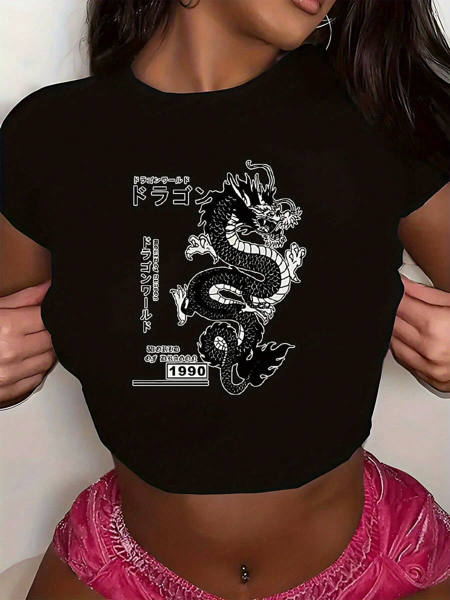 Cropped Feminino Dragão Japonês Estiloso e Retro Camiseta Curtinha 100% Algodão - Preto - Visão 1