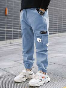 1pc Tween Boy Casual Outdoor Pocket Cartoon Print Cargo Pants, Spring/Summer/Autumn - Dusty Blue - View 3