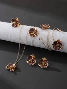1 Set Women Jewelry Set Including 1pc Brown Ombre Floral Pendant Necklace, 1 Pair Earrings, 1 Ring, 1 Bracelet, 1 Bangle (No Gift Box)