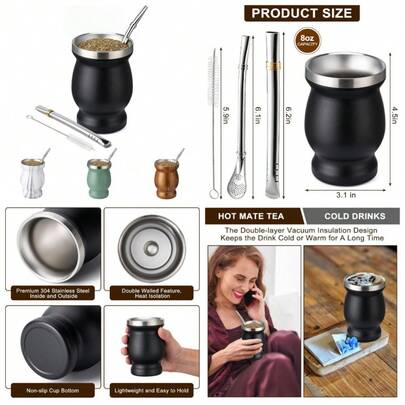 Double Wall Insulated Yerba Mate Gourd Cup Set 8oz Stainless Steel With 2 Bombillas And Cleaning Brush Black