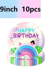 10pcs Cute Cartoon Rainbow Ear Themed Party Supplies: Paper Plates, Paper Cups, Napkins, Tablecloths, Banners, Birthday Party Supplies, Camping, Camping, Travel Essential Supplies Animation - Multicolor - View 3