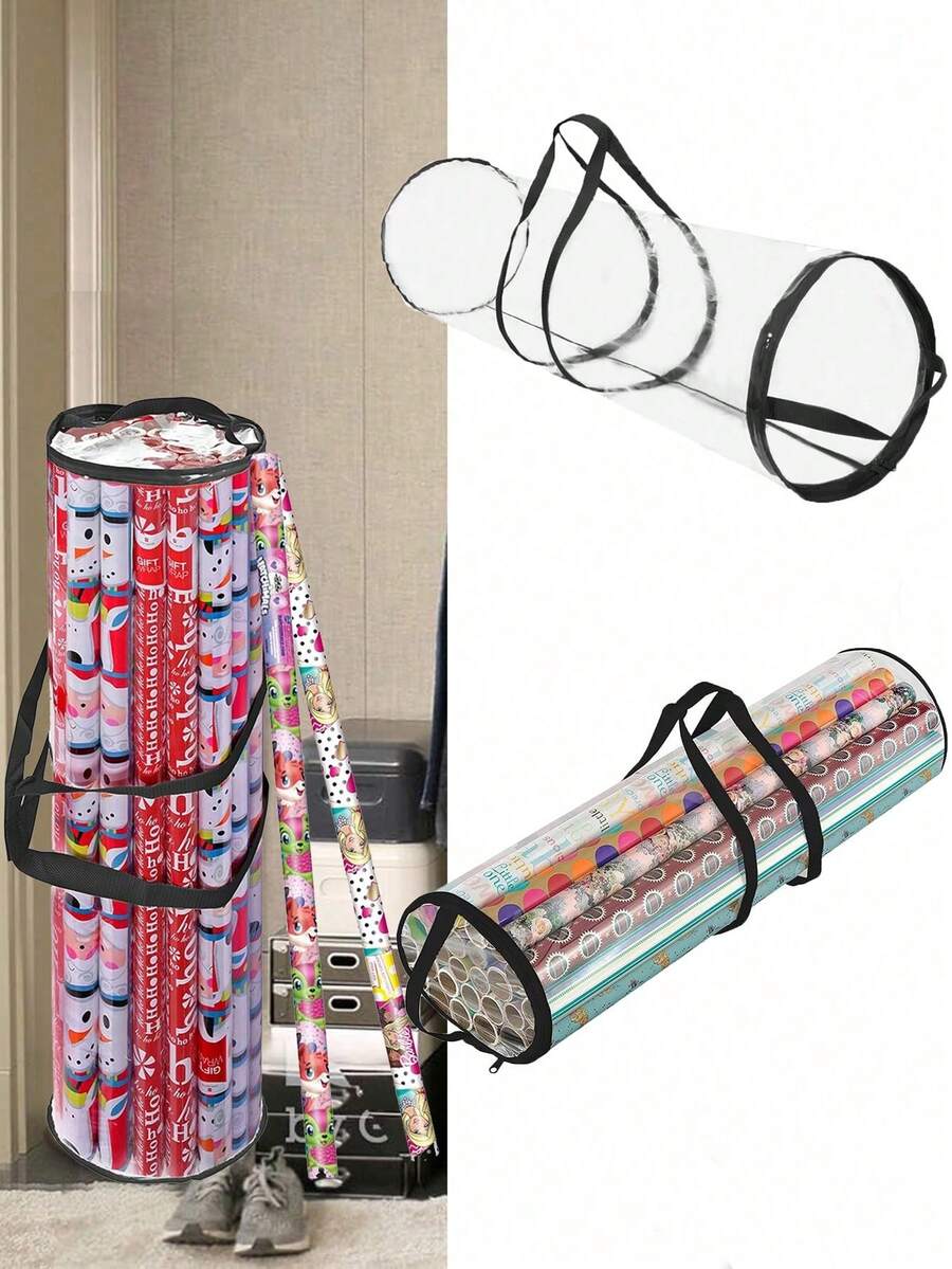 1pc Transparent Gift Packaging Storage Bag, Holiday Paper Tube Storage Bag, PVC Packaging Paper Storage Bag With Zipper And Handle, Portable Tubular Container, Transparent Christmas & New Year Gift Packaging Storage Container, Large Capacity With Pocket, Foldable Packaging Paper Storage Rack - Black - View 1