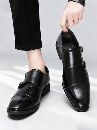 复古布洛克设计男士僧侣鞋，尖头套脚乐福鞋，优雅绅士正装鞋，适合中年人、年轻人、学生、返校季、毕业典礼、办公室、商务场合、派对、婚礼、新郎、春夏秋季穿着，尺码齐全。