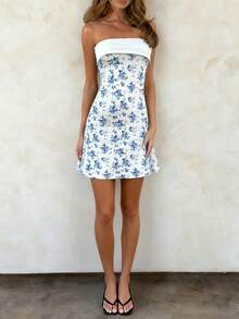 Kami Co. Party elegantes französisches blaues Blumen-trägerloses figurbetontes Minikleid, geeignet für Date Night und Homecoming Dance, Top - Babyblau - Übersicht 6