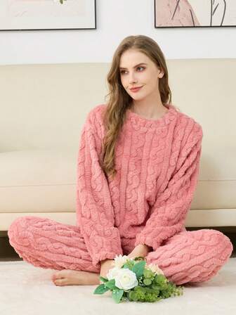 Two Pieces Autumn And Winter Jacquard Zipper Flannel Home Suit Set With Thick Velvet And Zipper For Women's Warm Sleepwear