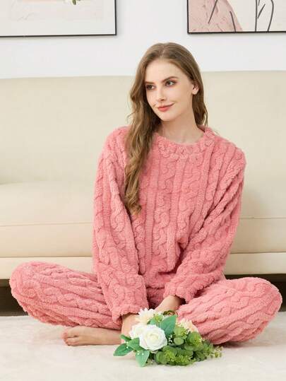 Two Pieces Autumn And Winter Jacquard Zipper Flannel Home Fluffy Pajama Set For Women's Warm Sleepwear, Fall Clothes, Cozy
