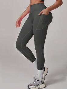 Seamless High Elastic Hip Lift Abdominal High-Waist Sports Leggings For Women, Women Both Sides Of The Pocket Design Leggings,Comfortable Breathable Leggings Suitable For Yoga Fitness Running, Multi-Color Optional (Black/Blue/Gray/Hot Pink/Brown) - Xám - Xem 3